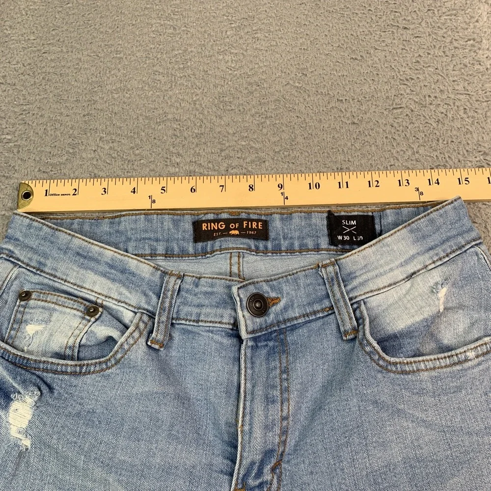 Ring of Fire Jeans Mens Size 30 Slim Fit Factory Distressed Light Wash